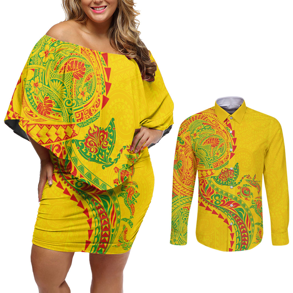 Hawaiian Kakau Tribal Sea Animals Tattoos Couples Matching Off Shoulder Short Dress and Long Sleeve Button Shirt Kanaka Maoli Flag Color Inspired