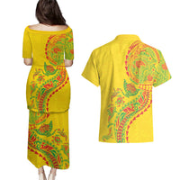 Hawaiian Kakau Tribal Sea Animals Tattoos Couples Matching Puletasi and Hawaiian Shirt Kanaka Maoli Flag Color Inspired