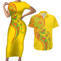 Hawaiian Kakau Tribal Sea Animals Tattoos Couples Matching Short Sleeve Bodycon Dress and Hawaiian Shirt Kanaka Maoli Flag Color Inspired