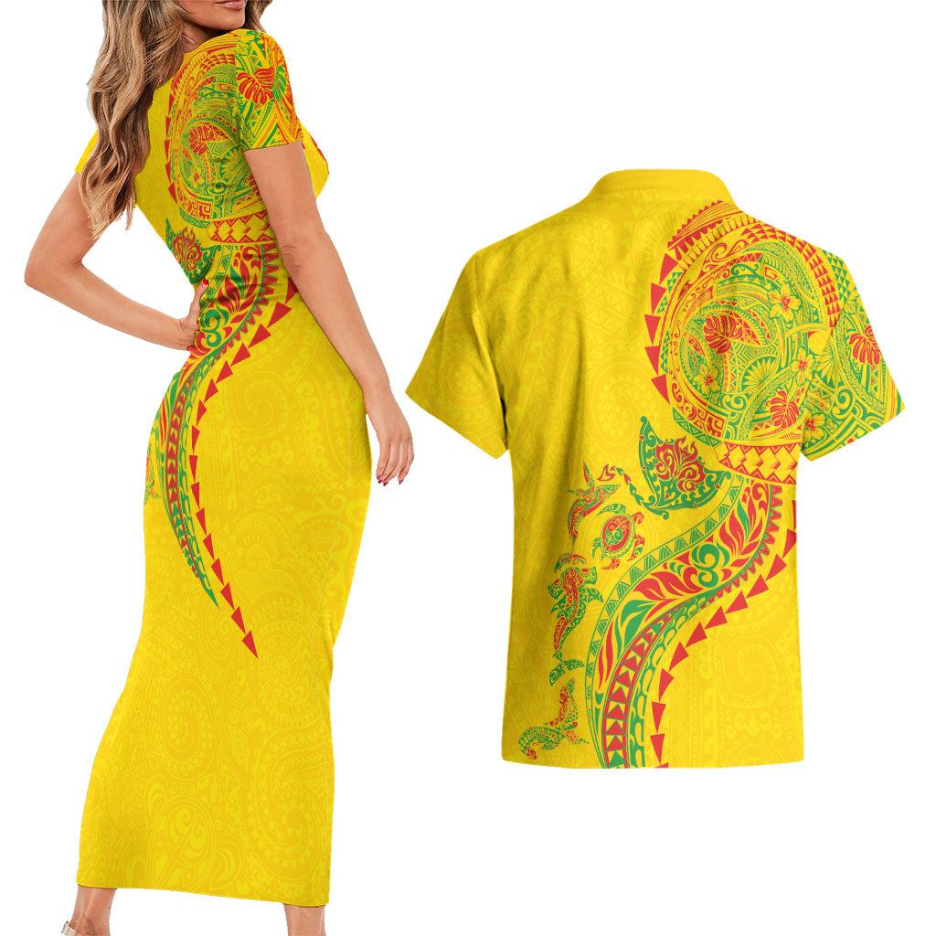 Hawaiian Kakau Tribal Sea Animals Tattoos Couples Matching Short Sleeve Bodycon Dress and Hawaiian Shirt Kanaka Maoli Flag Color Inspired