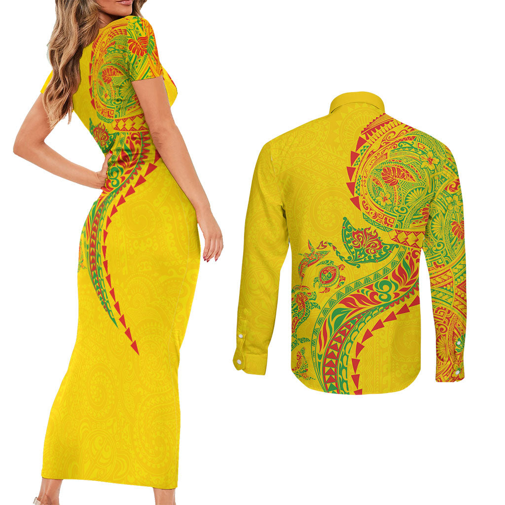 Hawaiian Kakau Tribal Sea Animals Tattoos Couples Matching Short Sleeve Bodycon Dress and Long Sleeve Button Shirt Kanaka Maoli Flag Color Inspired