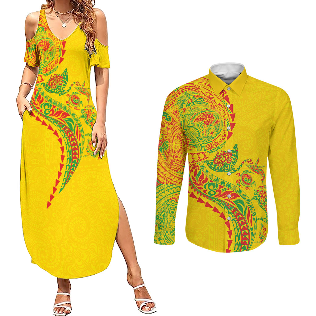 Hawaiian Kakau Tribal Sea Animals Tattoos Couples Matching Summer Maxi Dress and Long Sleeve Button Shirt Kanaka Maoli Flag Color Inspired