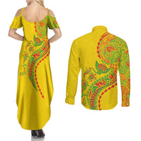Hawaiian Kakau Tribal Sea Animals Tattoos Couples Matching Summer Maxi Dress and Long Sleeve Button Shirt Kanaka Maoli Flag Color Inspired