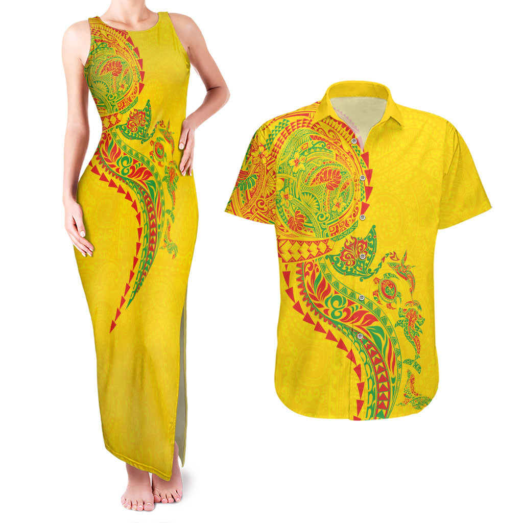 Hawaiian Kakau Tribal Sea Animals Tattoos Couples Matching Tank Maxi Dress and Hawaiian Shirt Kanaka Maoli Flag Color Inspired