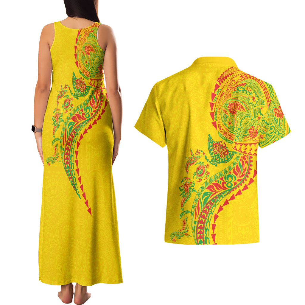 Hawaiian Kakau Tribal Sea Animals Tattoos Couples Matching Tank Maxi Dress and Hawaiian Shirt Kanaka Maoli Flag Color Inspired