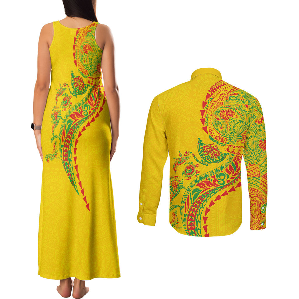 Hawaiian Kakau Tribal Sea Animals Tattoos Couples Matching Tank Maxi Dress and Long Sleeve Button Shirt Kanaka Maoli Flag Color Inspired