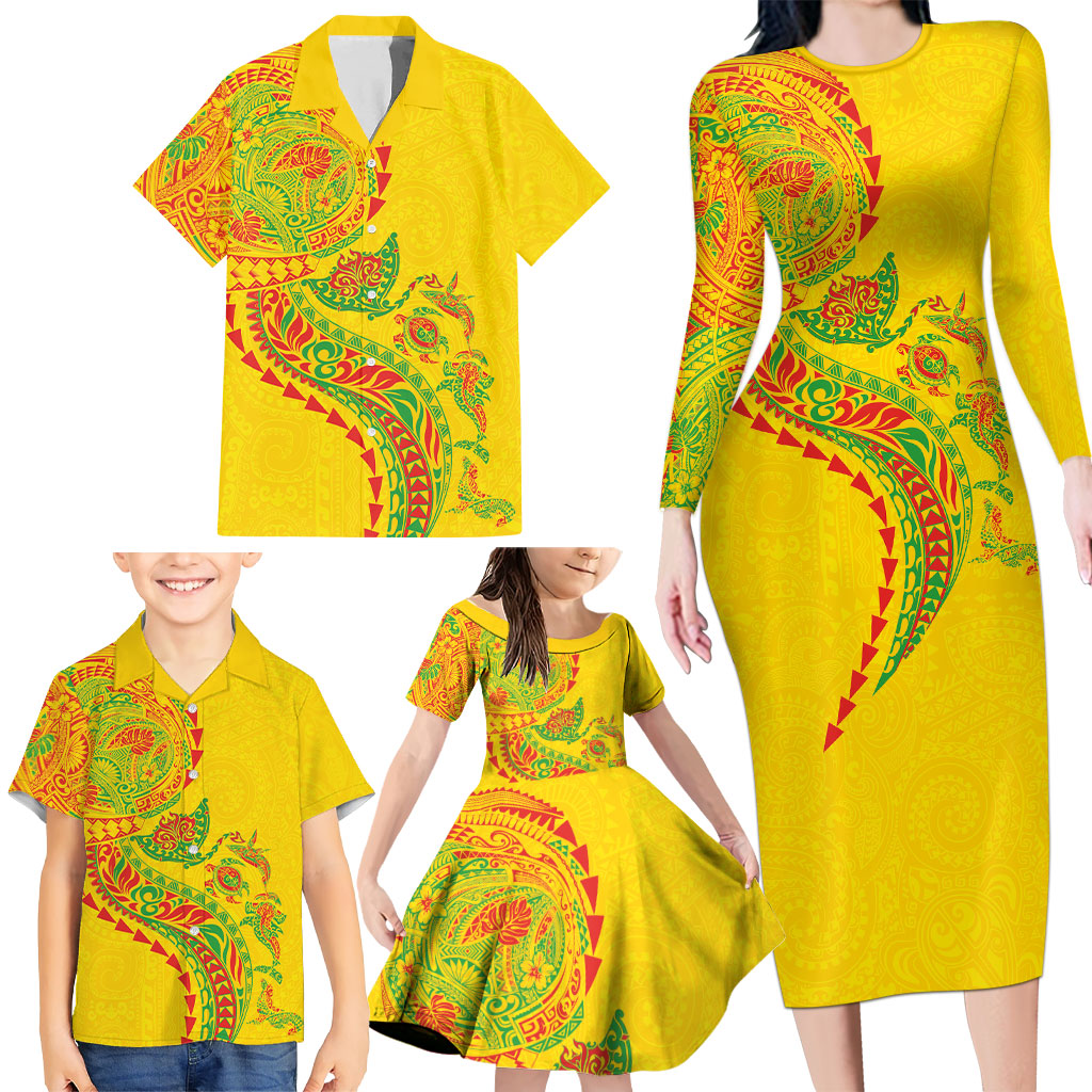 Hawaiian Kakau Tribal Sea Animals Tattoos Family Matching Long Sleeve Bodycon Dress and Hawaiian Shirt Kanaka Maoli Flag Color Inspired