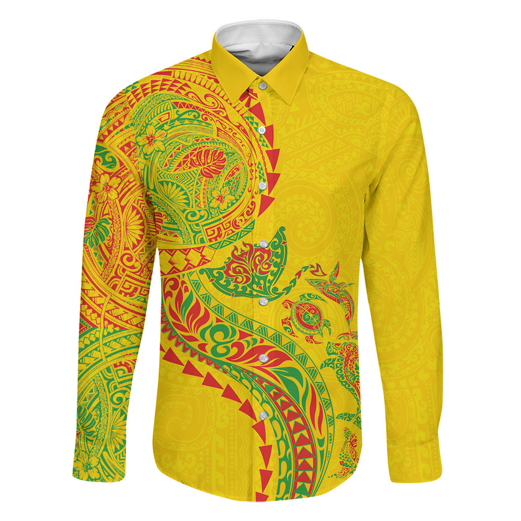 Hawaiian Kakau Tribal Sea Animals Tattoos Family Matching Long Sleeve Bodycon Dress and Hawaiian Shirt Kanaka Maoli Flag Color Inspired
