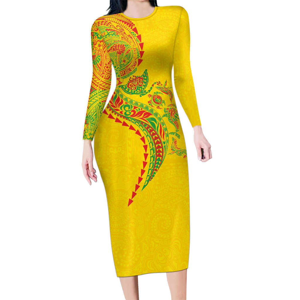Hawaiian Kakau Tribal Sea Animals Tattoos Family Matching Long Sleeve Bodycon Dress and Hawaiian Shirt Kanaka Maoli Flag Color Inspired