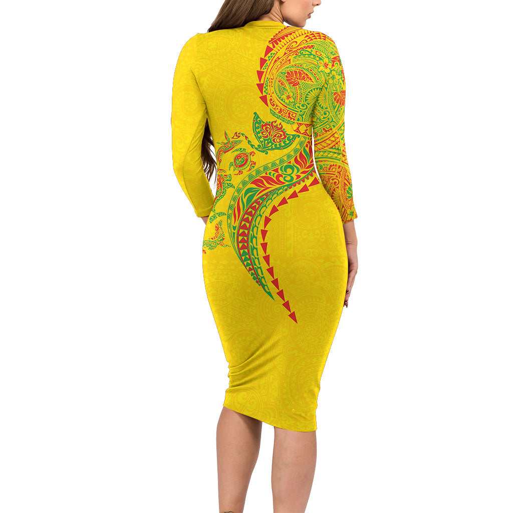 Hawaiian Kakau Tribal Sea Animals Tattoos Family Matching Long Sleeve Bodycon Dress and Hawaiian Shirt Kanaka Maoli Flag Color Inspired