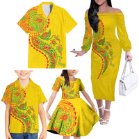 Hawaiian Kakau Tribal Sea Animals Tattoos Family Matching Off The Shoulder Long Sleeve Dress and Hawaiian Shirt Kanaka Maoli Flag Color Inspired