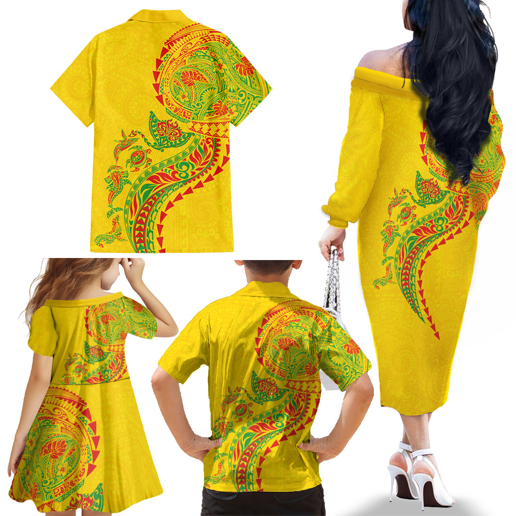 Hawaiian Kakau Tribal Sea Animals Tattoos Family Matching Off The Shoulder Long Sleeve Dress and Hawaiian Shirt Kanaka Maoli Flag Color Inspired