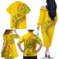 Hawaiian Kakau Tribal Sea Animals Tattoos Family Matching Off The Shoulder Long Sleeve Dress and Hawaiian Shirt Kanaka Maoli Flag Color Inspired