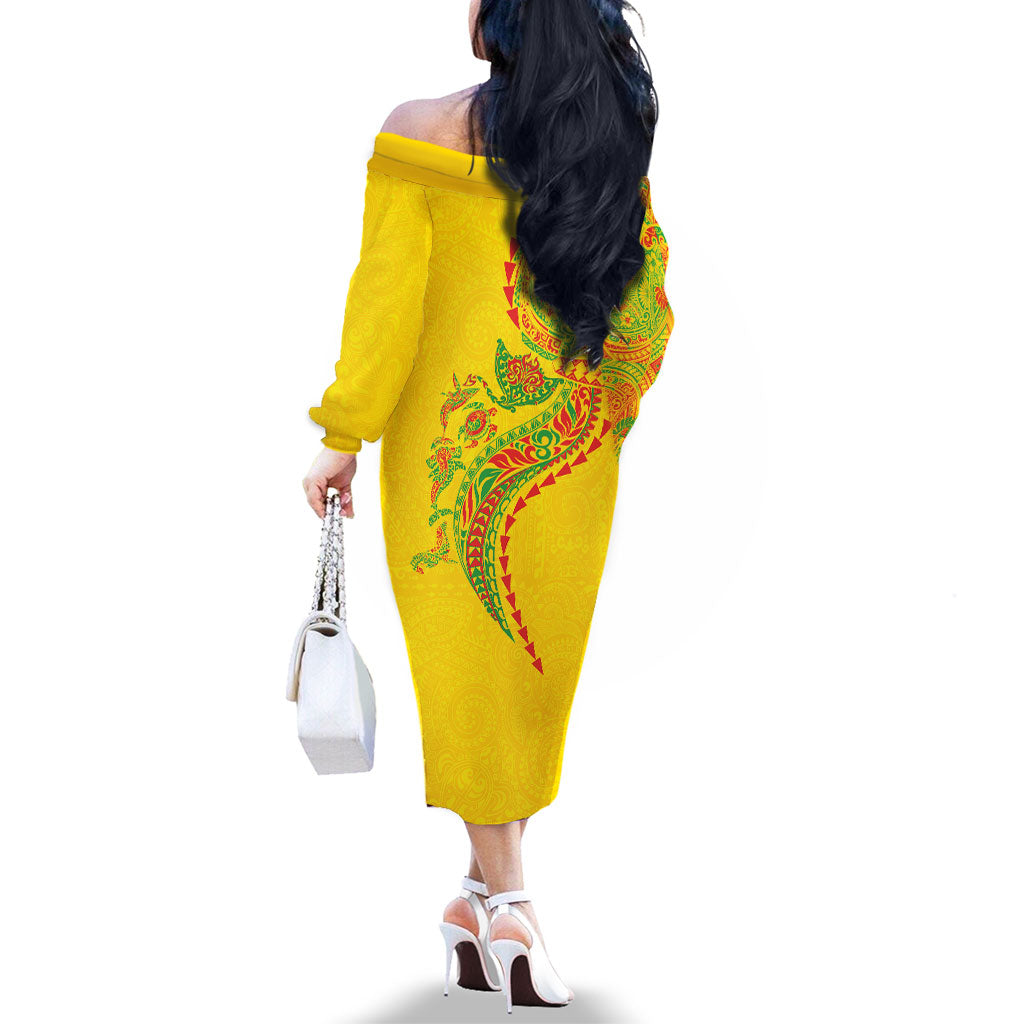 Hawaiian Kakau Tribal Sea Animals Tattoos Family Matching Off The Shoulder Long Sleeve Dress and Hawaiian Shirt Kanaka Maoli Flag Color Inspired