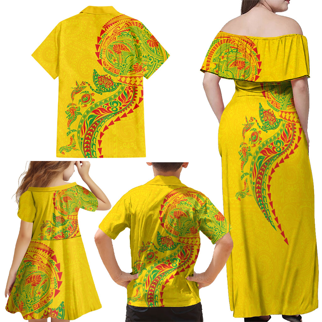 Hawaiian Kakau Tribal Sea Animals Tattoos Family Matching Off Shoulder Maxi Dress and Hawaiian Shirt Kanaka Maoli Flag Color Inspired
