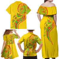 Hawaiian Kakau Tribal Sea Animals Tattoos Family Matching Off Shoulder Maxi Dress and Hawaiian Shirt Kanaka Maoli Flag Color Inspired