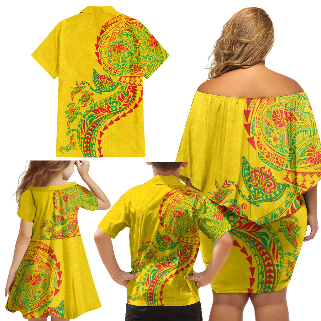 Hawaiian Kakau Tribal Sea Animals Tattoos Family Matching Off Shoulder Short Dress and Hawaiian Shirt Kanaka Maoli Flag Color Inspired