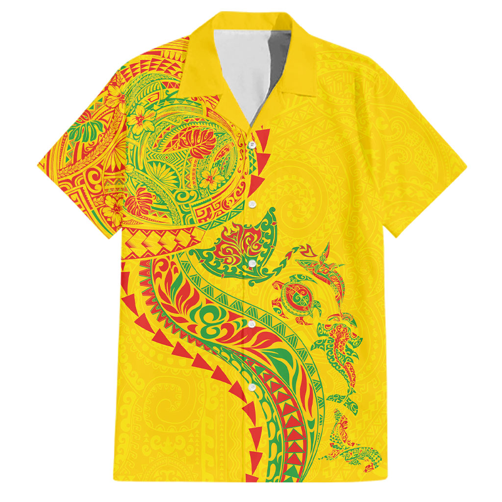 Hawaiian Kakau Tribal Sea Animals Tattoos Family Matching Off Shoulder Short Dress and Hawaiian Shirt Kanaka Maoli Flag Color Inspired
