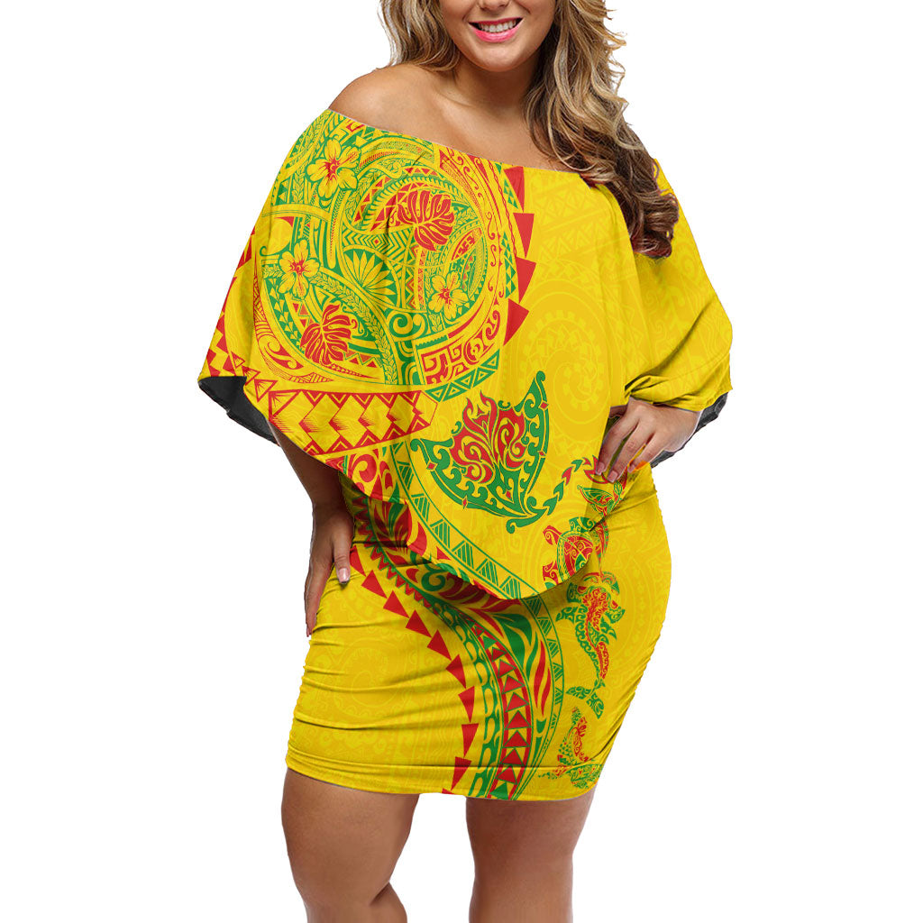 Hawaiian Kakau Tribal Sea Animals Tattoos Family Matching Off Shoulder Short Dress and Hawaiian Shirt Kanaka Maoli Flag Color Inspired