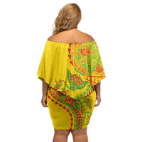 Hawaiian Kakau Tribal Sea Animals Tattoos Family Matching Off Shoulder Short Dress and Hawaiian Shirt Kanaka Maoli Flag Color Inspired