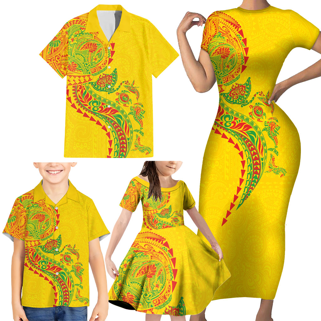 Hawaiian Kakau Tribal Sea Animals Tattoos Family Matching Short Sleeve Bodycon Dress and Hawaiian Shirt Kanaka Maoli Flag Color Inspired
