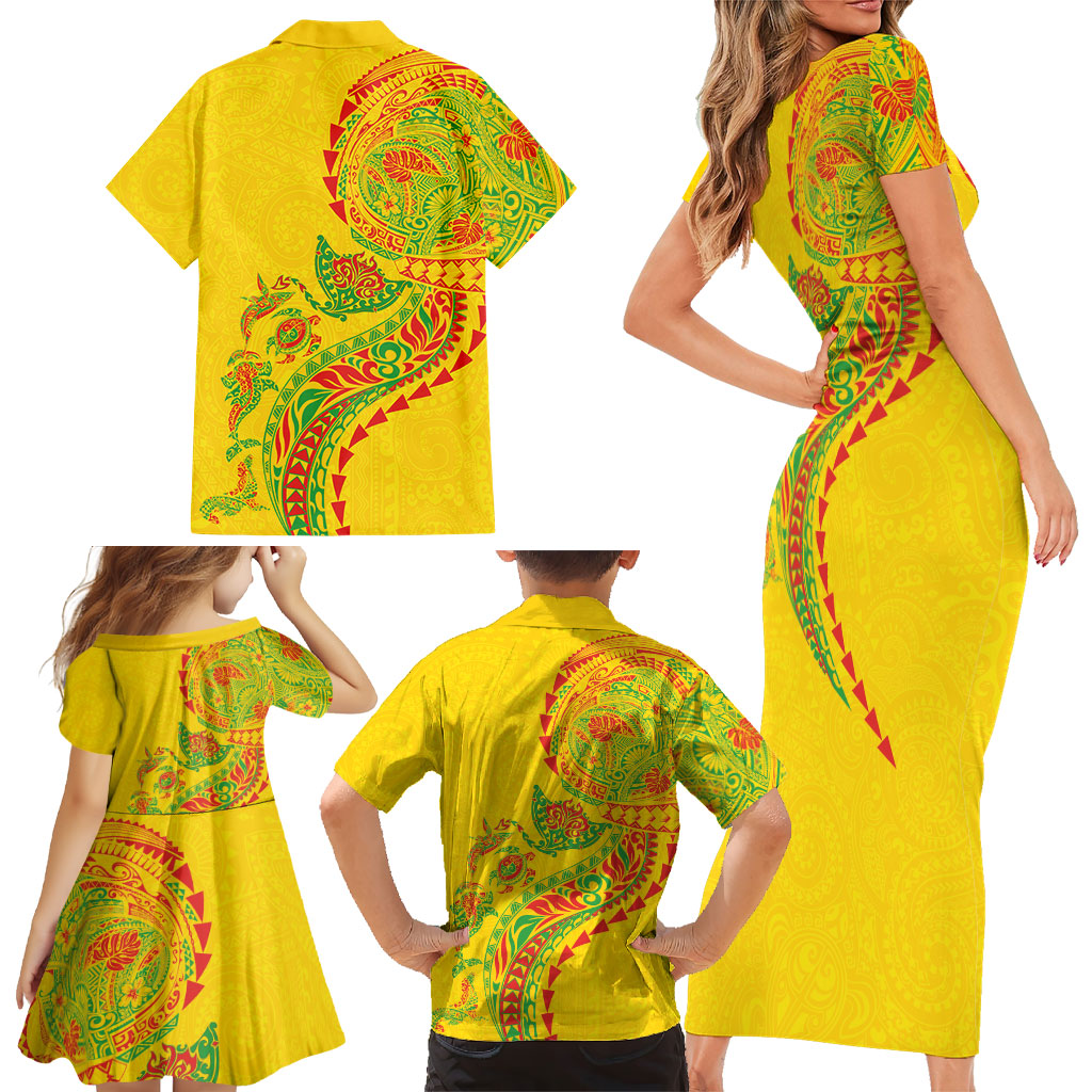 Hawaiian Kakau Tribal Sea Animals Tattoos Family Matching Short Sleeve Bodycon Dress and Hawaiian Shirt Kanaka Maoli Flag Color Inspired