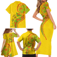 Hawaiian Kakau Tribal Sea Animals Tattoos Family Matching Short Sleeve Bodycon Dress and Hawaiian Shirt Kanaka Maoli Flag Color Inspired