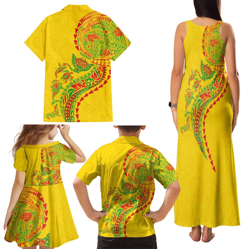 Hawaiian Kakau Tribal Sea Animals Tattoos Family Matching Tank Maxi Dress and Hawaiian Shirt Kanaka Maoli Flag Color Inspired