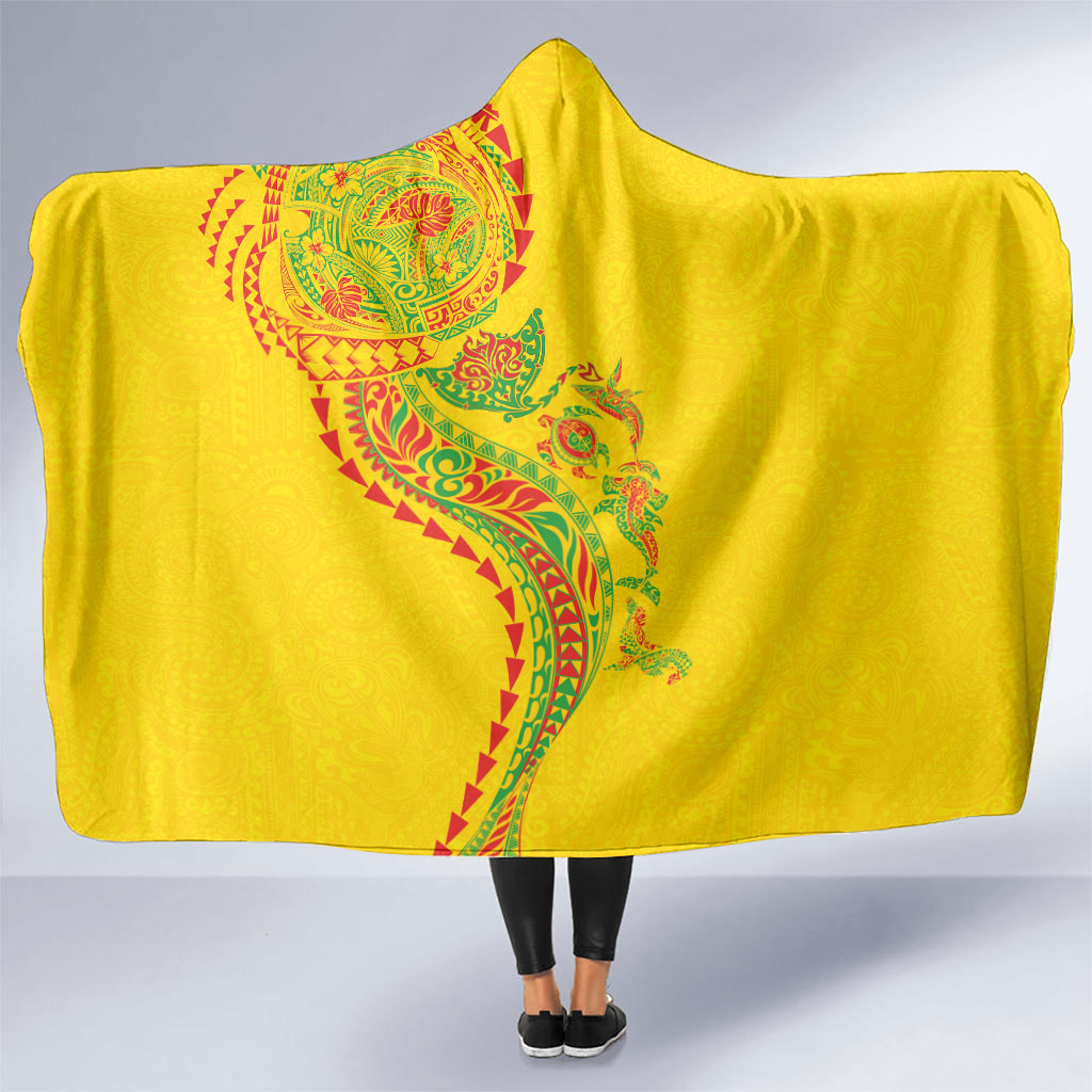 Hawaiian Kakau Tribal Sea Animals Tattoos Hooded Blanket Kanaka Maoli Flag Color Inspired