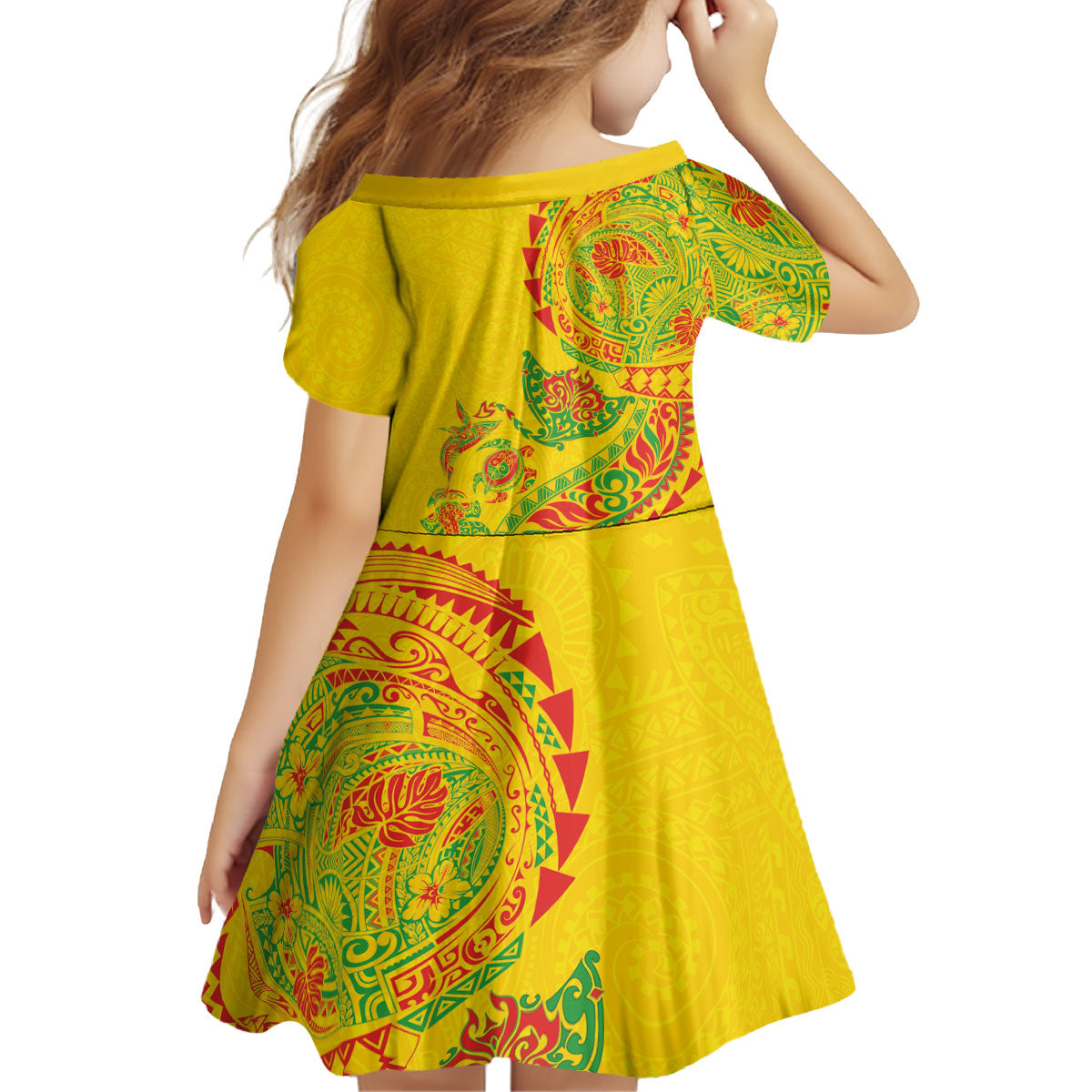 Hawaiian Kakau Tribal Sea Animals Tattoos Kid Short Sleeve Dress Kanaka Maoli Flag Color Inspired