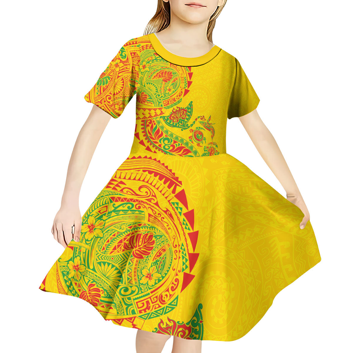 Hawaiian Kakau Tribal Sea Animals Tattoos Kid Short Sleeve Dress Kanaka Maoli Flag Color Inspired