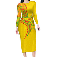 Hawaiian Kakau Tribal Sea Animals Tattoos Long Sleeve Bodycon Dress Kanaka Maoli Flag Color Inspired