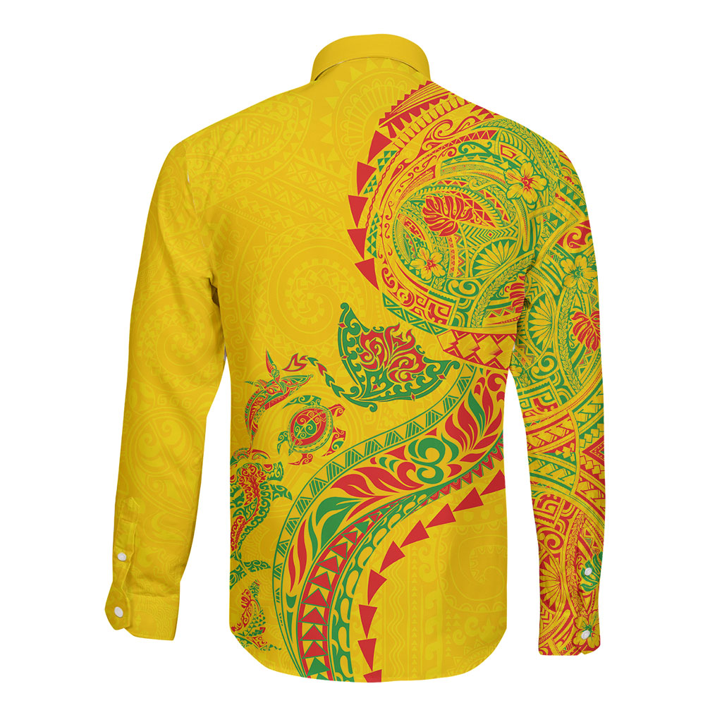 Hawaiian Kakau Tribal Sea Animals Tattoos Long Sleeve Button Shirt Kanaka Maoli Flag Color Inspired