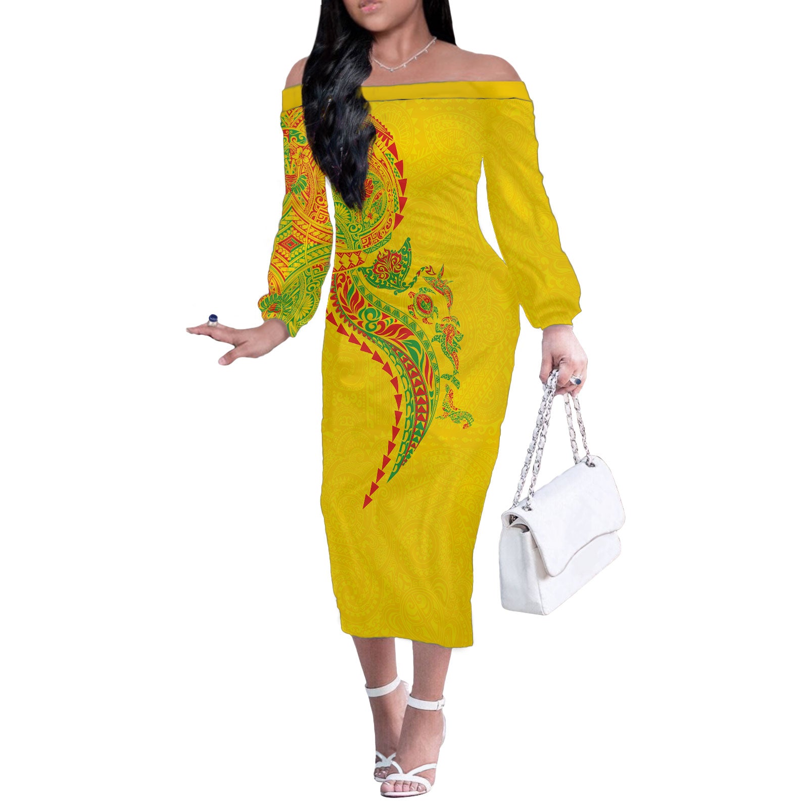 Hawaiian Kakau Tribal Sea Animals Tattoos Off The Shoulder Long Sleeve Dress Kanaka Maoli Flag Color Inspired