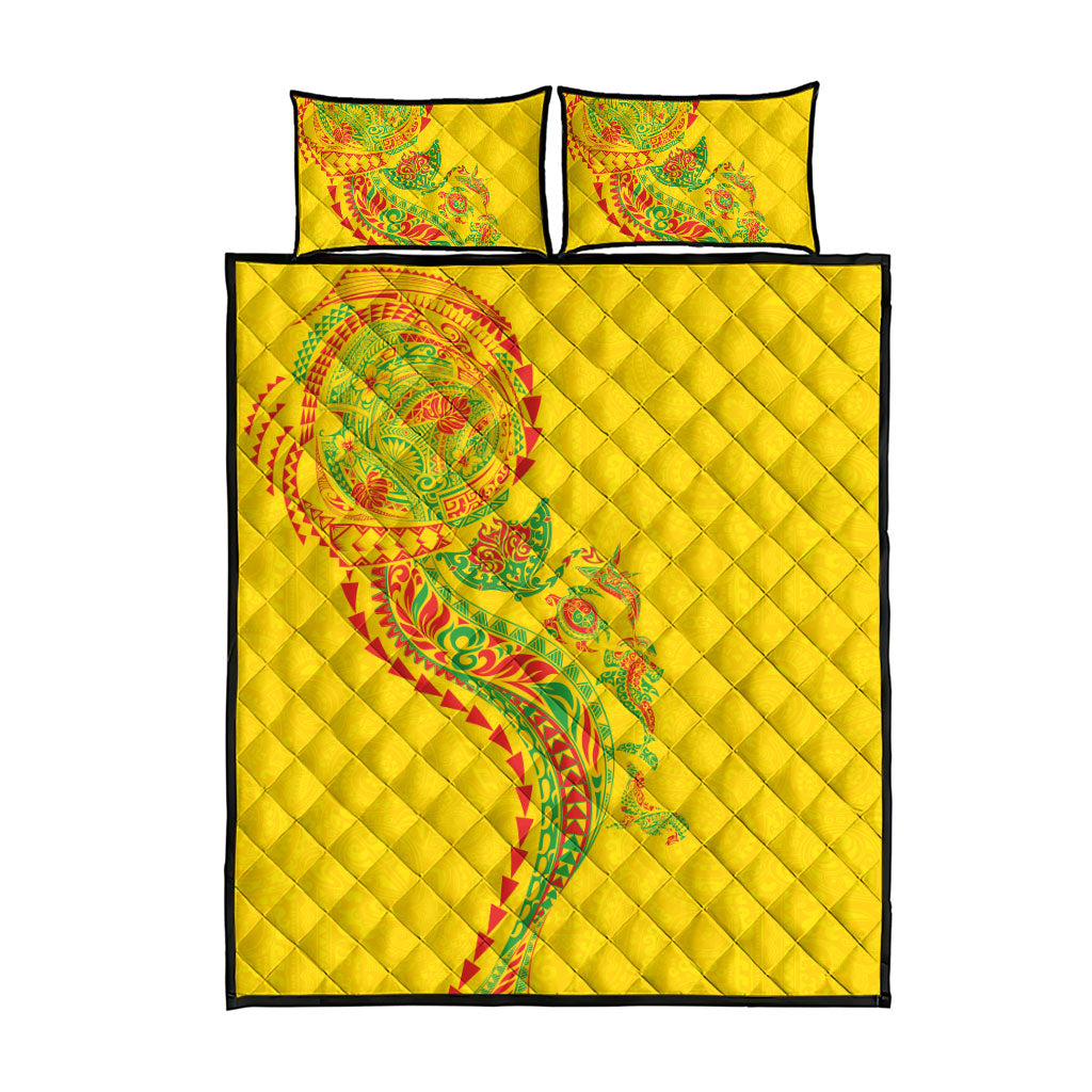 Hawaiian Kakau Tribal Sea Animals Tattoos Quilt Bed Set Kanaka Maoli Flag Color Inspired