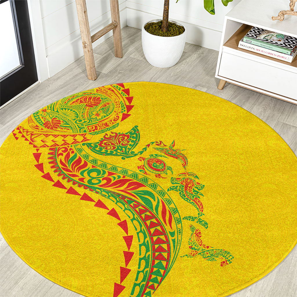 Hawaiian Kakau Tribal Sea Animals Tattoos Round Carpet Kanaka Maoli Flag Color Inspired