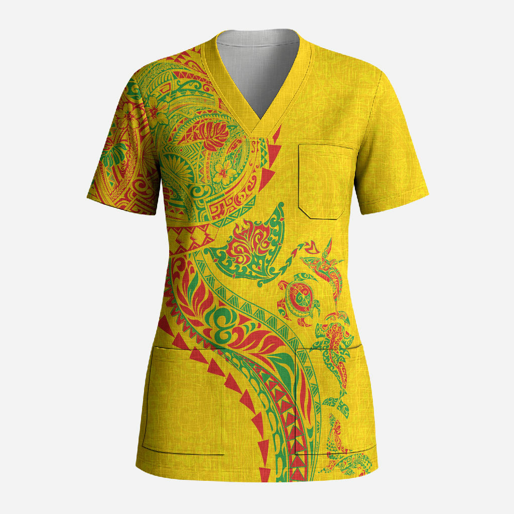 Hawaiian Kakau Tribal Sea Animals Tattoos Scrub Top Kanaka Maoli Flag Color Inspired LT03 Adult Multicolor - Polynesian Pride