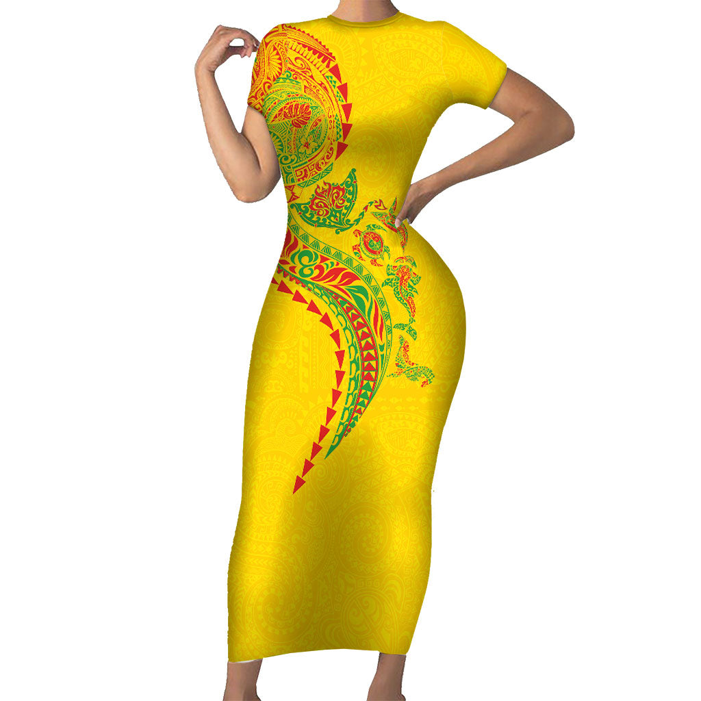 Hawaiian Kakau Tribal Sea Animals Tattoos Short Sleeve Bodycon Dress Kanaka Maoli Flag Color Inspired