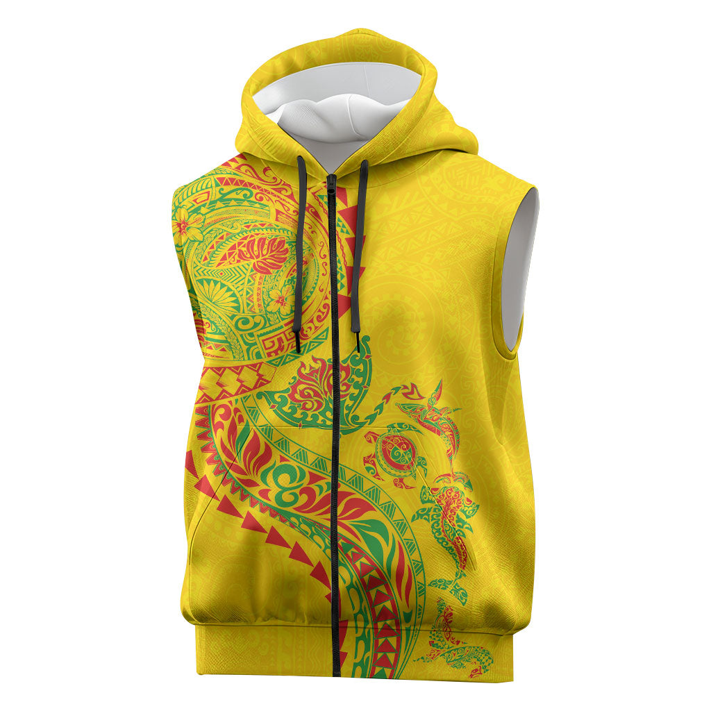 Hawaiian Kakau Tribal Sea Animals Tattoos Sleeveless Zip Hoodie Kanaka Maoli Flag Color Inspired
