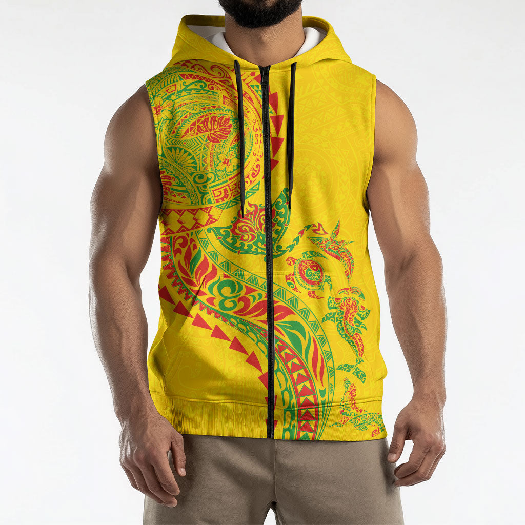 Hawaiian Kakau Tribal Sea Animals Tattoos Sleeveless Zip Hoodie Kanaka Maoli Flag Color Inspired