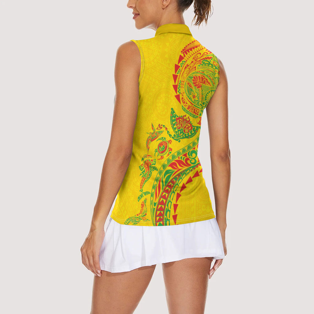 Hawaiian Kakau Tribal Sea Animals Tattoos Women Sleeveless Polo Shirt Kanaka Maoli Flag Color Inspired