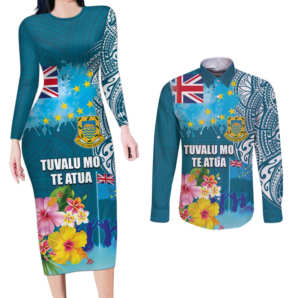 Personalised Tuvalu Independence Day Couples Matching Long Sleeve Bodycon Dress and Long Sleeve Button Shirt Tuvaluan Tribal Flag Style