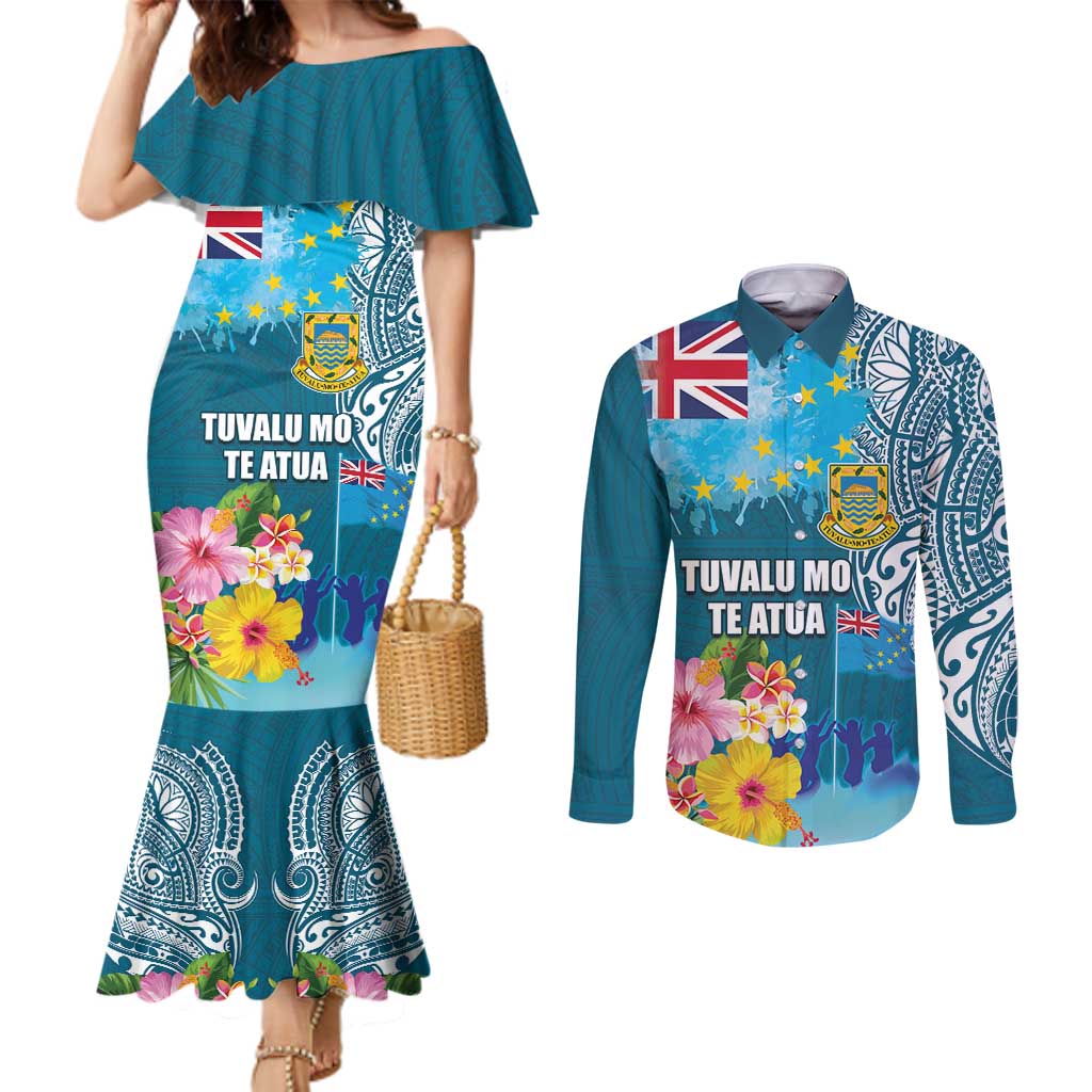Personalised Tuvalu Independence Day Couples Matching Mermaid Dress and Long Sleeve Button Shirt Tuvaluan Tribal Flag Style