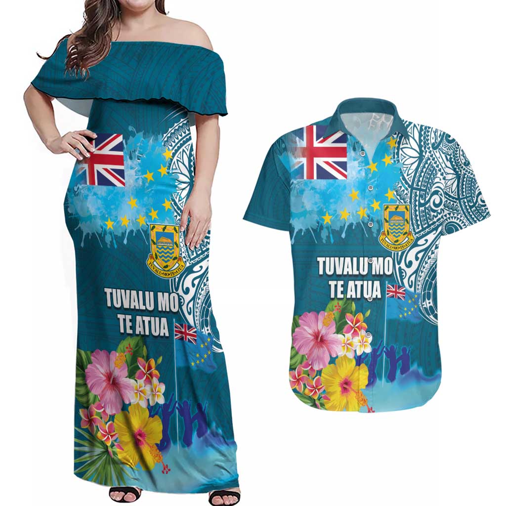 Personalised Tuvalu Independence Day Couples Matching Off Shoulder Maxi Dress and Hawaiian Shirt Tuvaluan Tribal Flag Style