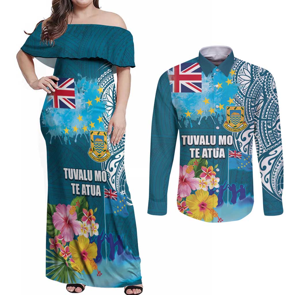 Personalised Tuvalu Independence Day Couples Matching Off Shoulder Maxi Dress and Long Sleeve Button Shirt Tuvaluan Tribal Flag Style
