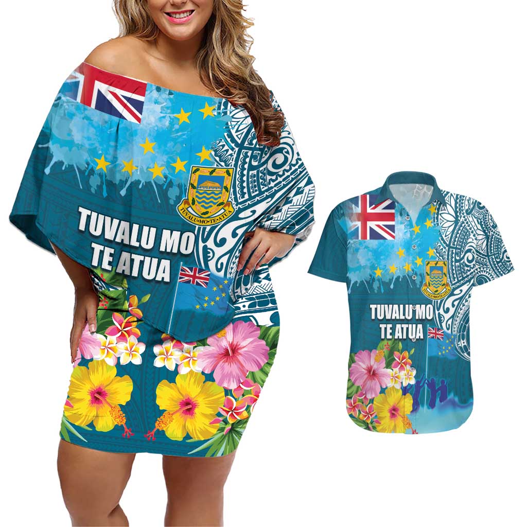 Personalised Tuvalu Independence Day Couples Matching Off Shoulder Short Dress and Hawaiian Shirt Tuvaluan Tribal Flag Style