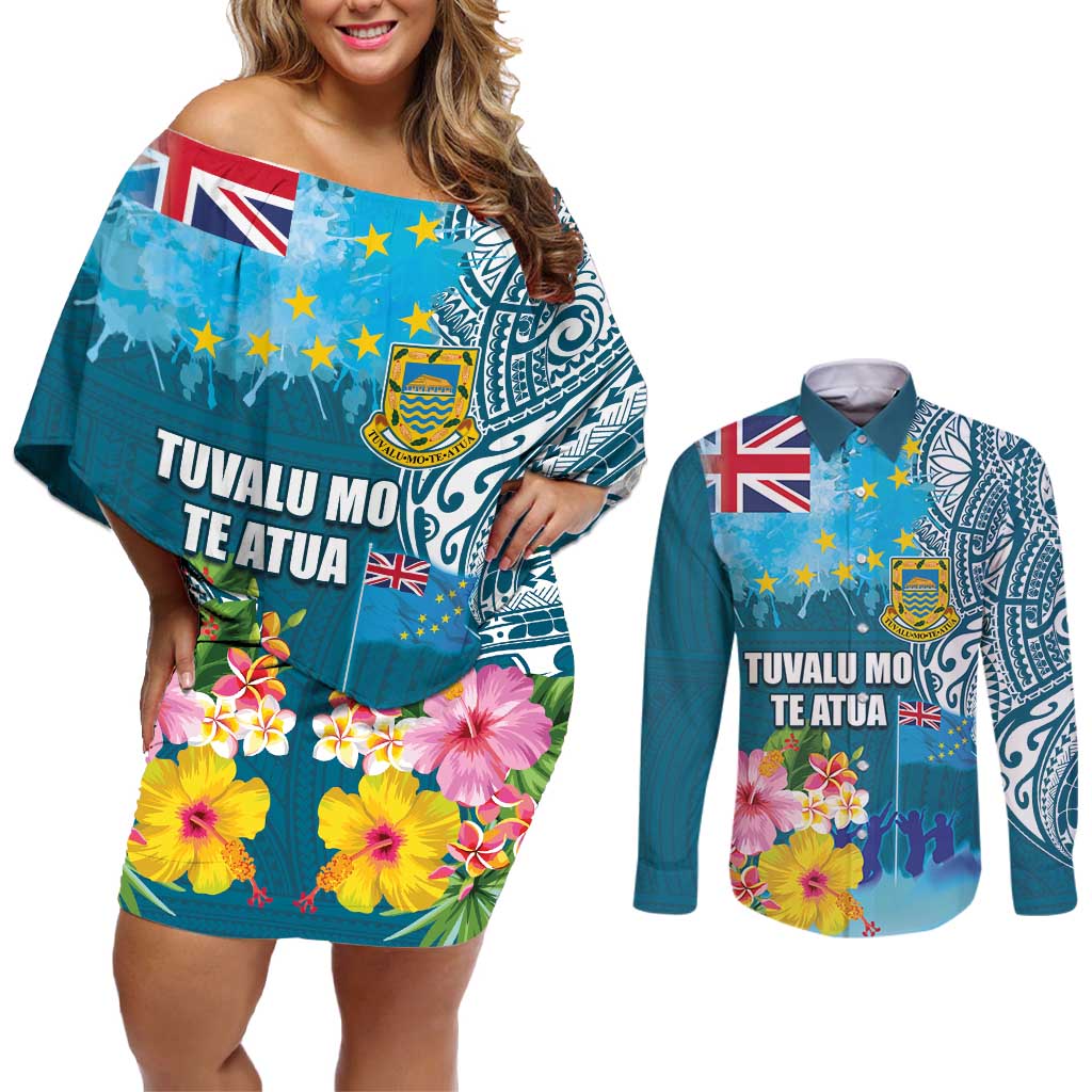 Personalised Tuvalu Independence Day Couples Matching Off Shoulder Short Dress and Long Sleeve Button Shirt Tuvaluan Tribal Flag Style