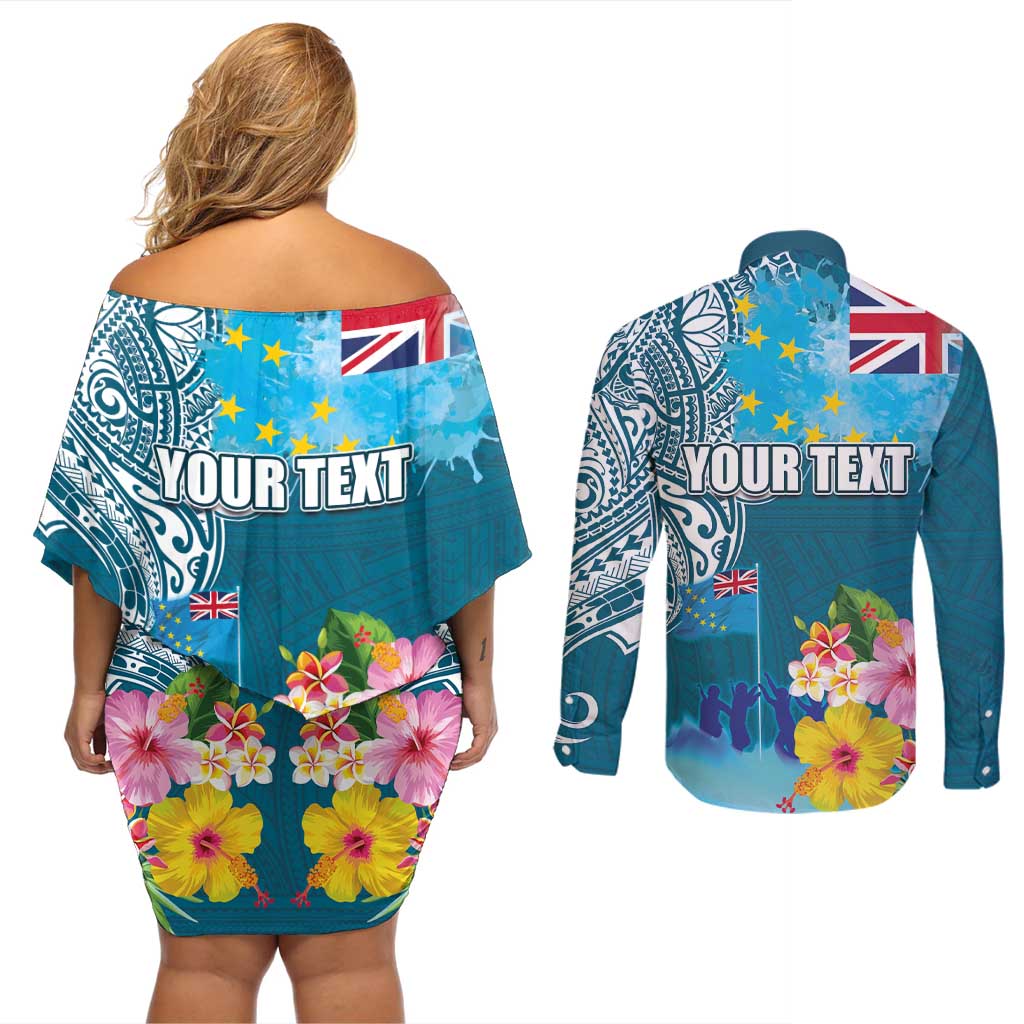 Personalised Tuvalu Independence Day Couples Matching Off Shoulder Short Dress and Long Sleeve Button Shirt Tuvaluan Tribal Flag Style