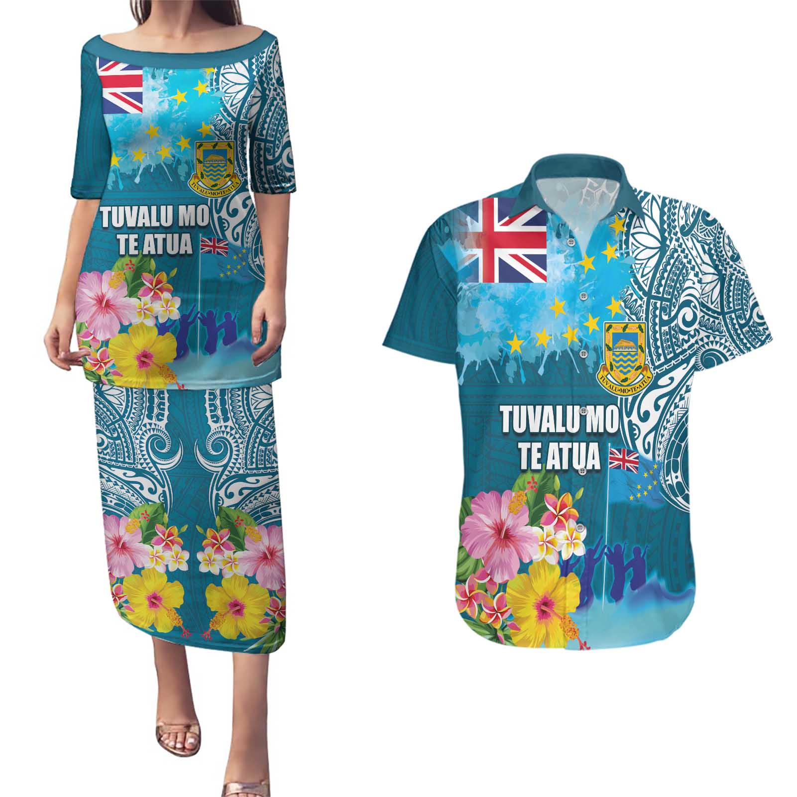 Personalised Tuvalu Independence Day Couples Matching Puletasi and Hawaiian Shirt Tuvaluan Tribal Flag Style