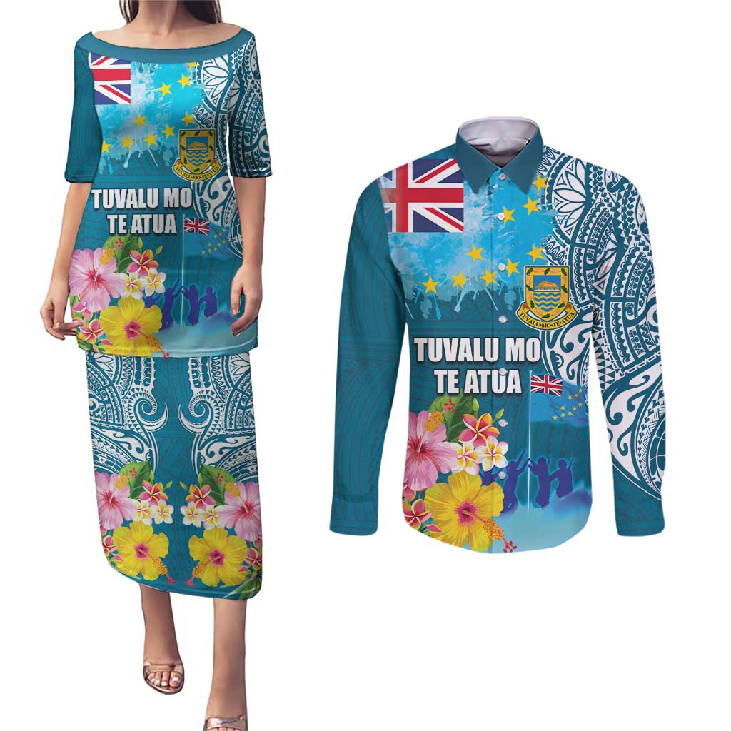 Personalised Tuvalu Independence Day Couples Matching Puletasi and Long Sleeve Button Shirt Tuvaluan Tribal Flag Style